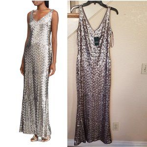 Ralph Lauren Silver Sleeveless V-neck Sequined Formal Gown 8